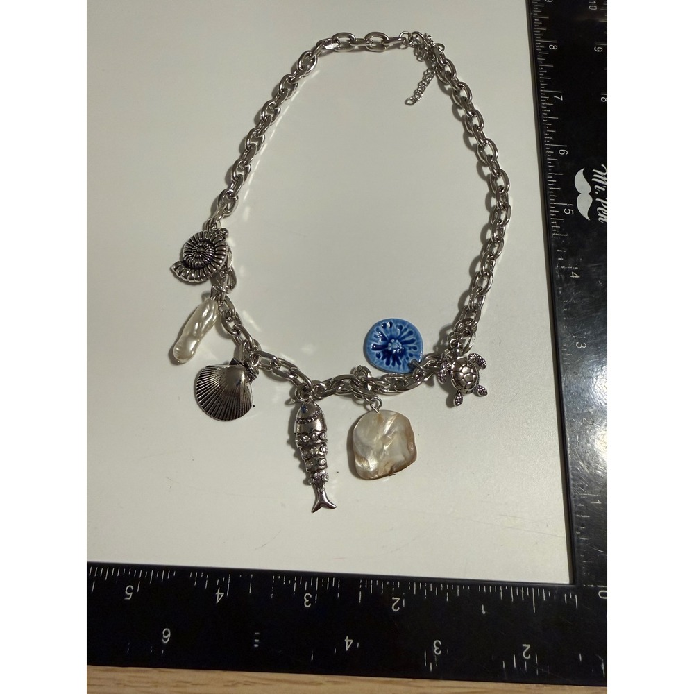 Silver Tone Ocean Charm Chunky Chain Necklace Turtle Fish Shell Pearl 18-20"